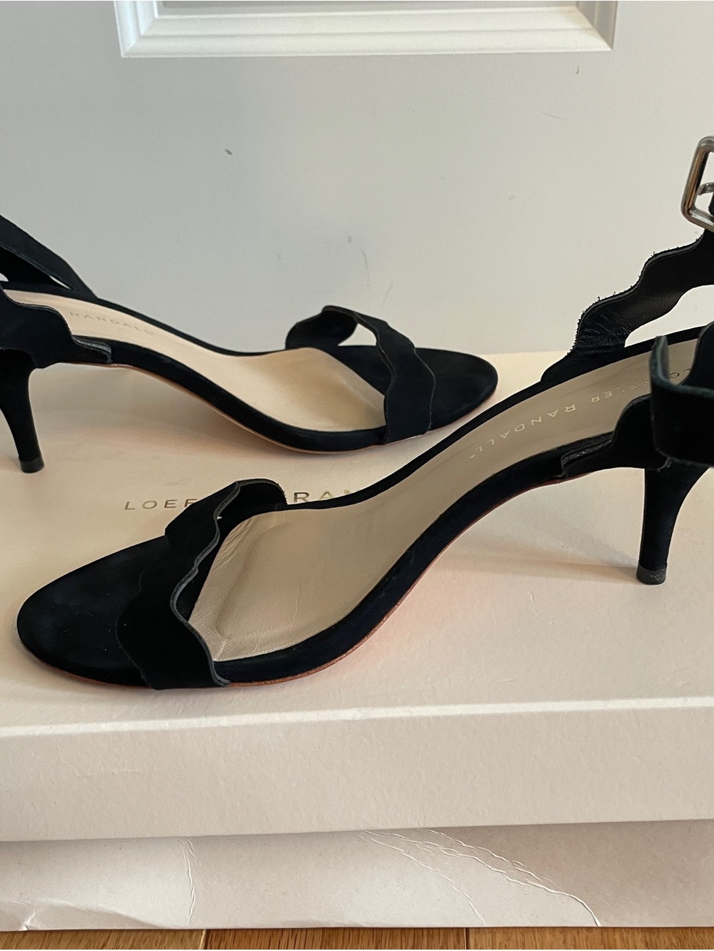 Loeffler Randall Black Scalloped Suede Ankle-Strap Heels